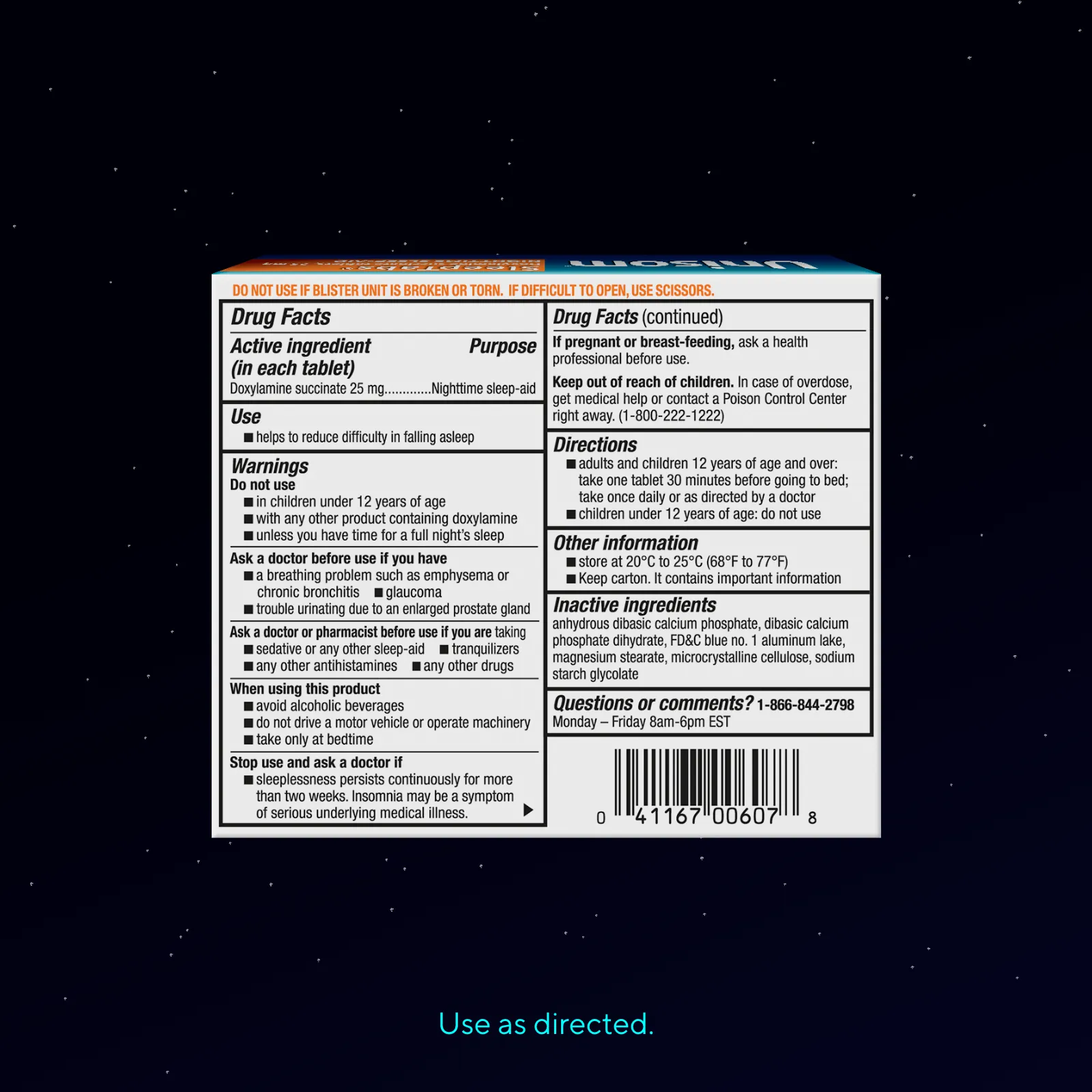 Back of Unisom® SleepTabs® Pack and Bottle