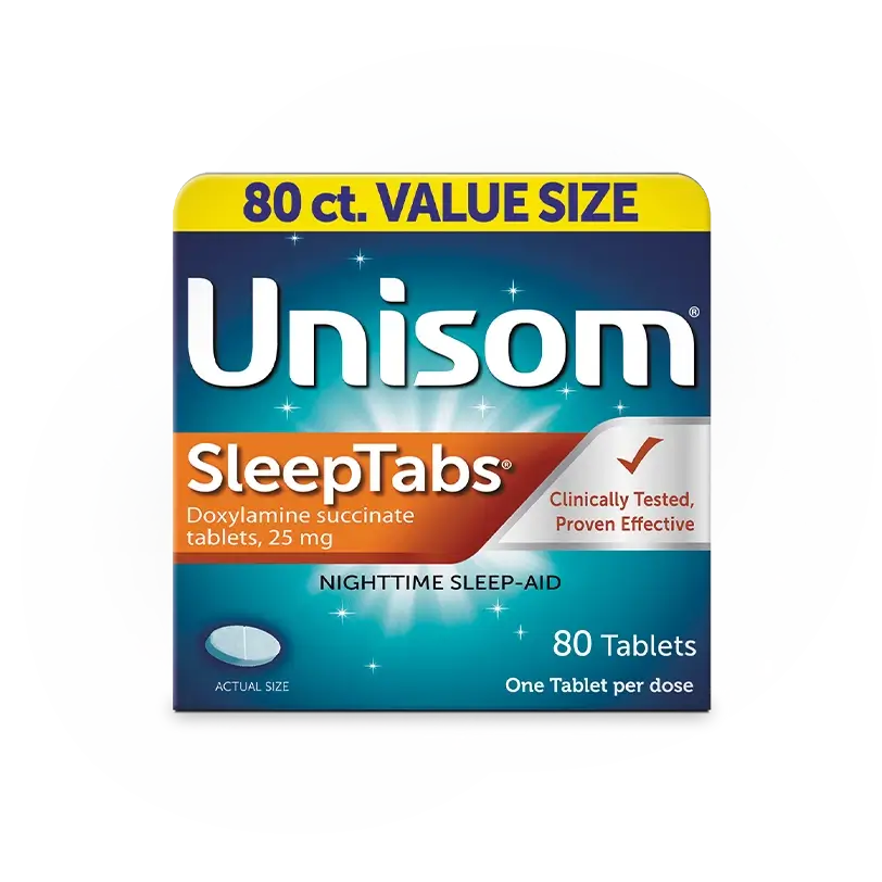 Front of Unisom® SleepTabs® Pack and Bottle